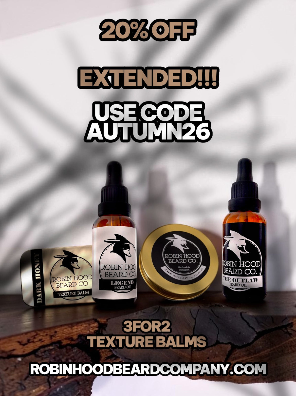 Promotional product graphic for Robin Hood Beard Co. showing three beard care items on a dark wooden surface against a light background with shadow overlays.